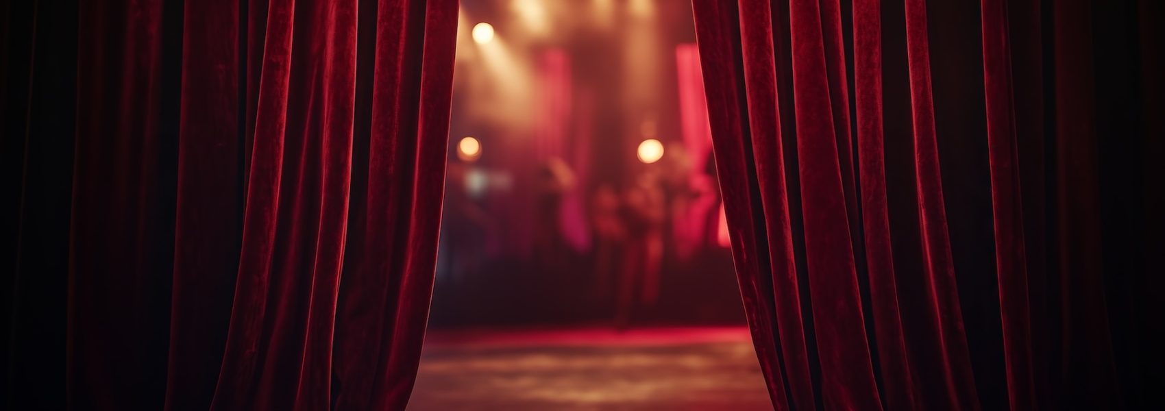 Red velvet curtains are opening on a blurred stage where musicians are preparing for a performance under dimmed lights, creating a sense of anticipation and excitement
